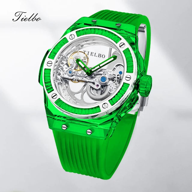 TIELBO Brand Mechanical Watches for Men Women Luxury Skeleton Sapphire Wrist Watch Waterproof Man Brilliant Crystals Transparent