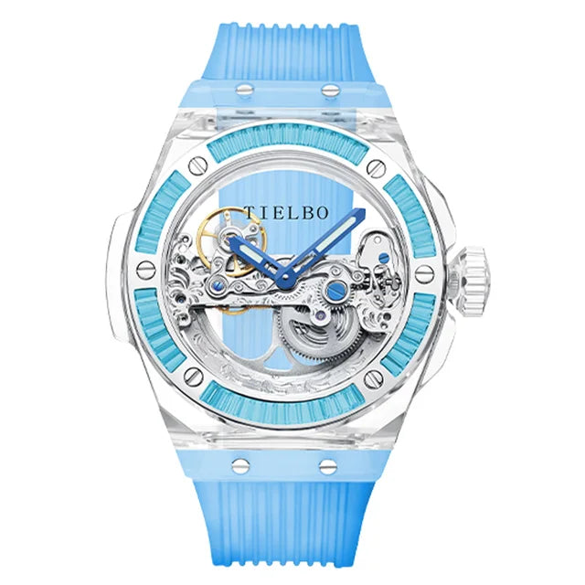 TIELBO Mens Watches Automatic Mechanical Movement Watch For Men Crystal Skeleton Transparent Wrist Watches Sapphire Mirror New