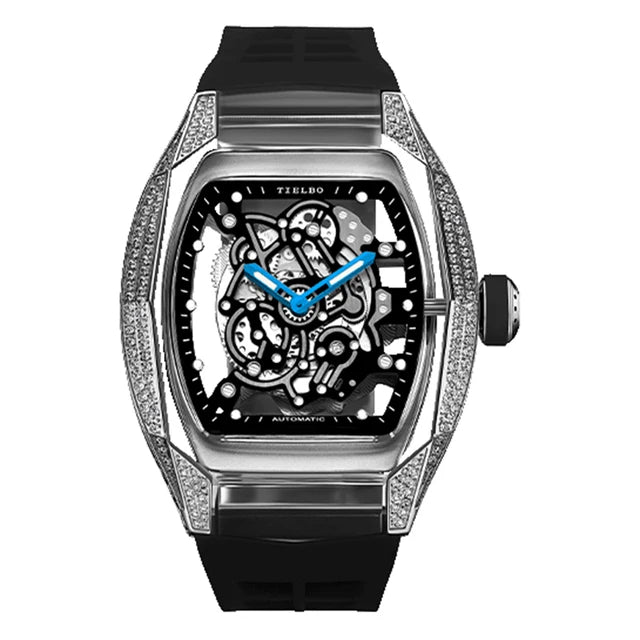 TIELBO Movimento meccanico automatico Orologio da uomo Skeleton Tonneau Orologi Orologio da polso da uomo con cristalli impermeabili in zaffiro e diamanti 