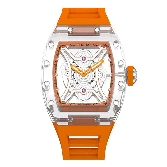 TIELBO Orologio da uomo Tonneau meccanico trasparente Orologi con movimento automatico per uomo Orologi da polso luminosi in cristallo scheletrato 