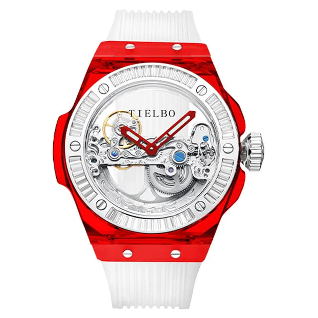 TIELBO Mens Watches Automatic Mechanical Movement Watch For Men Crystal Skeleton Transparent Wrist Watches Sapphire Mirror New