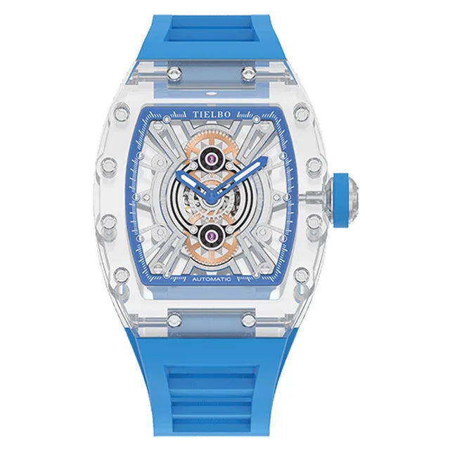 TIELBO Orologio da uomo tonneau meccanico trasparente con movimento automatico Orologi da polso da uomo con scheletro cavo luminoso in cristallo 