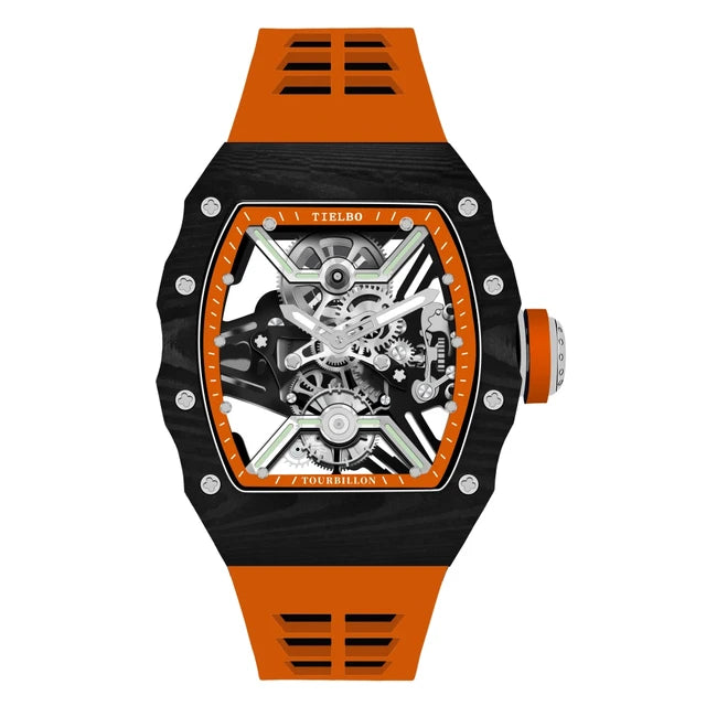 TIELBO Tonneau Uomo Orologio Tourbillon Movimento Meccanico Orologi da Uomo Scheletro di cristallo Luminoso Orologio da polso in fibra di carbonio 601 