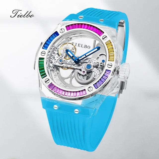 TIELBO Brand Mechanical Watches for Men Women Luxury Skeleton Sapphire Wrist Watch Waterproof Man Brilliant Crystals Transparent