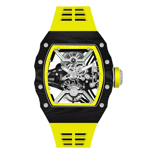 TIELBO Tonneau Man Watch Tourbillon Mechanical Movement Watches for Men Skeleton crystal Luminous Carbon fiber Wristwatch 601 