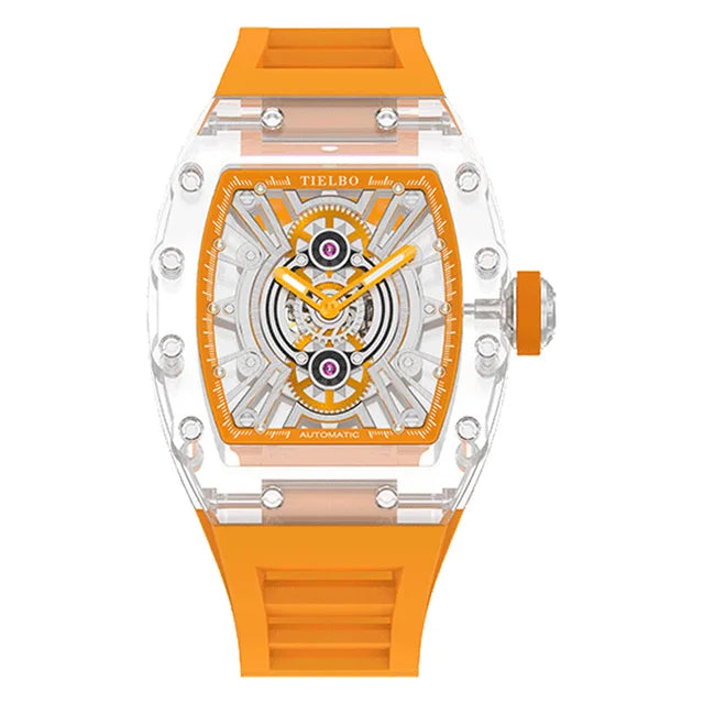 TIELBO Orologio da uomo tonneau meccanico trasparente con movimento automatico Orologi da polso da uomo con scheletro cavo luminoso in cristallo 