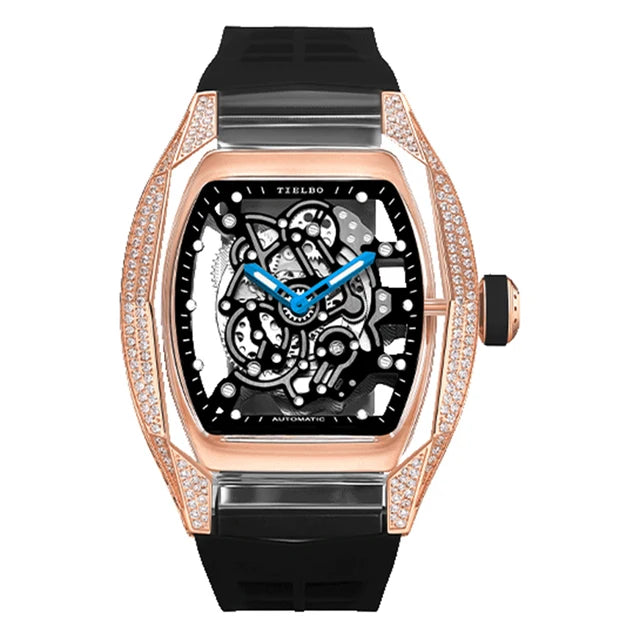 TIELBO Movimento meccanico automatico Orologio da uomo Skeleton Tonneau Orologi Orologio da polso da uomo con cristalli impermeabili in zaffiro e diamanti 