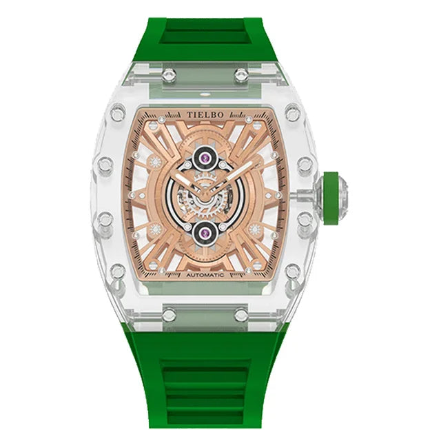 TIELBO Orologio da uomo tonneau meccanico trasparente con movimento automatico Orologi da polso da uomo con scheletro cavo luminoso in cristallo 