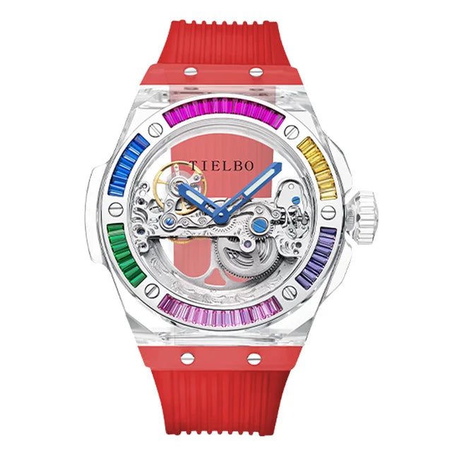 TIELBO Automatic Mechanical Movement Watch For Men Skeleton Diamond Wrist Watches Mens Transparent Crystal Case Sapphire Mirror 