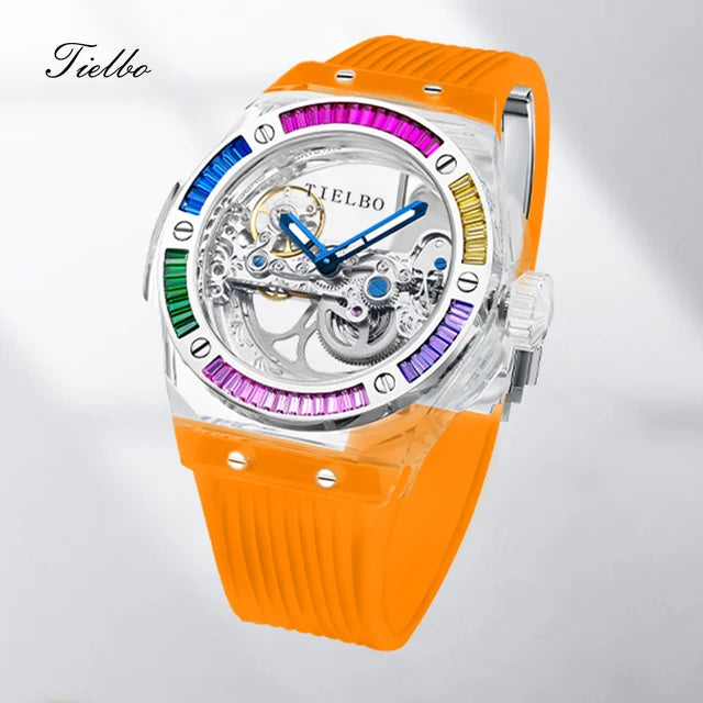 TIELBO Brand Mechanical Watches for Men Women Luxury Skeleton Sapphire Wrist Watch Waterproof Man Brilliant Crystals Transparent