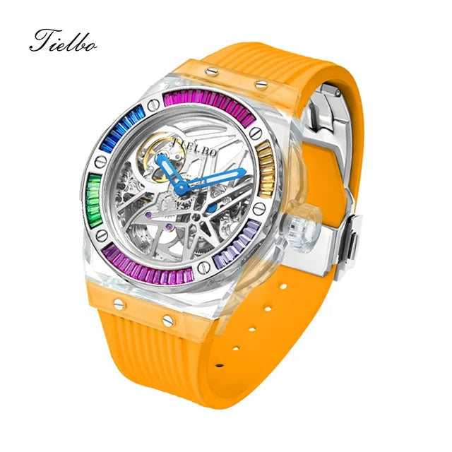 TIELBO Automatic Mechanical Crystals Watches for Men Women Luxury Skeleton Wristwatch Waterproof Man Brilliant Transparent Clock 