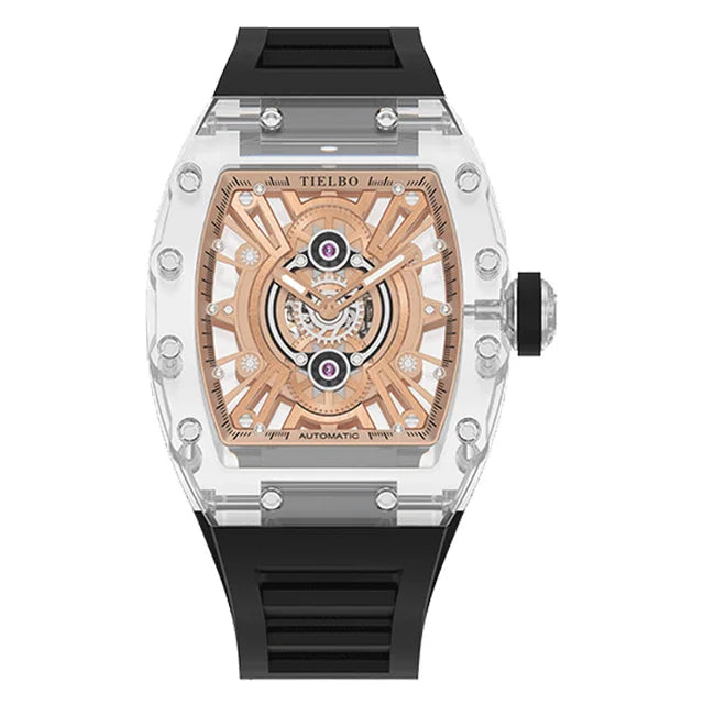 TIELBO Orologio da uomo tonneau meccanico trasparente con movimento automatico Orologi da polso da uomo con scheletro cavo luminoso in cristallo 