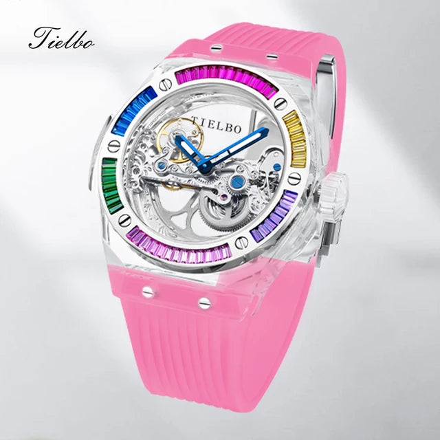 TIELBO Brand Mechanical Watches for Men Women Luxury Skeleton Sapphire Wrist Watch Waterproof Man Brilliant Crystals Transparent