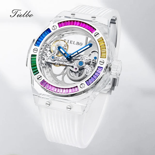 TIELBO Brand Mechanical Watches for Men Women Luxury Skeleton Sapphire Wrist Watch Waterproof Man Brilliant Crystals Transparent