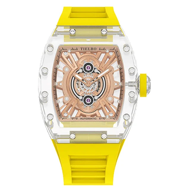 TIELBO Orologio da uomo tonneau meccanico trasparente con movimento automatico Orologi da polso da uomo con scheletro cavo luminoso in cristallo 