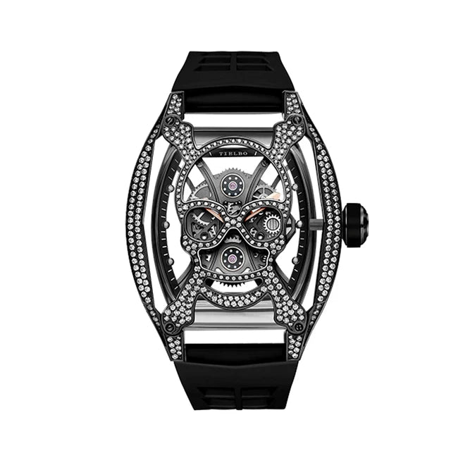 TIELBO Watch For Men Fully Automatic Mechanical Movement Fashion Skeleton Mens Watches Sapphire Mirror Tonneau Case Ghost Head 