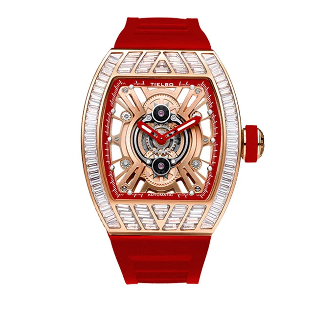 TIELBO Orologio meccanico da uomo tonneau meccanico di lusso Orologi con movimento meccanico automatico per uomo Orologio da polso luminoso in cristallo scheletrato A 