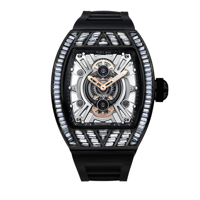 TIELBO Orologio meccanico da uomo tonneau meccanico di lusso Orologi con movimento meccanico automatico per uomo Orologio da polso luminoso in cristallo scheletrato A 