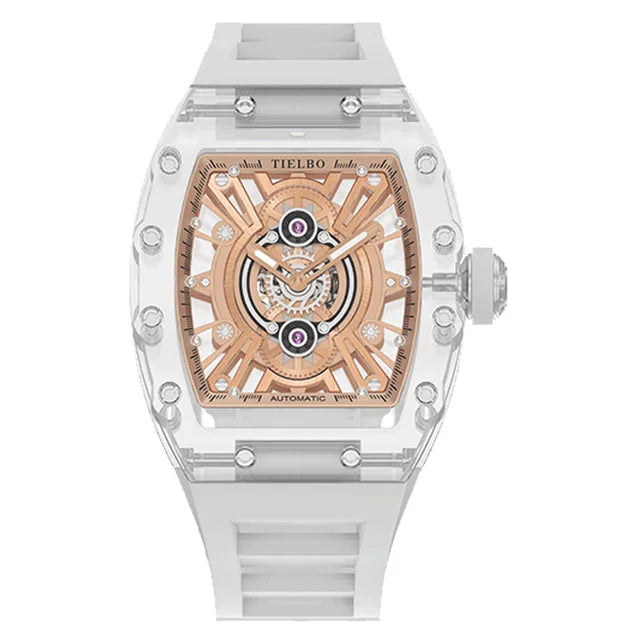 TIELBO Orologio da uomo tonneau meccanico trasparente con movimento automatico Orologi da polso da uomo con scheletro cavo luminoso in cristallo 