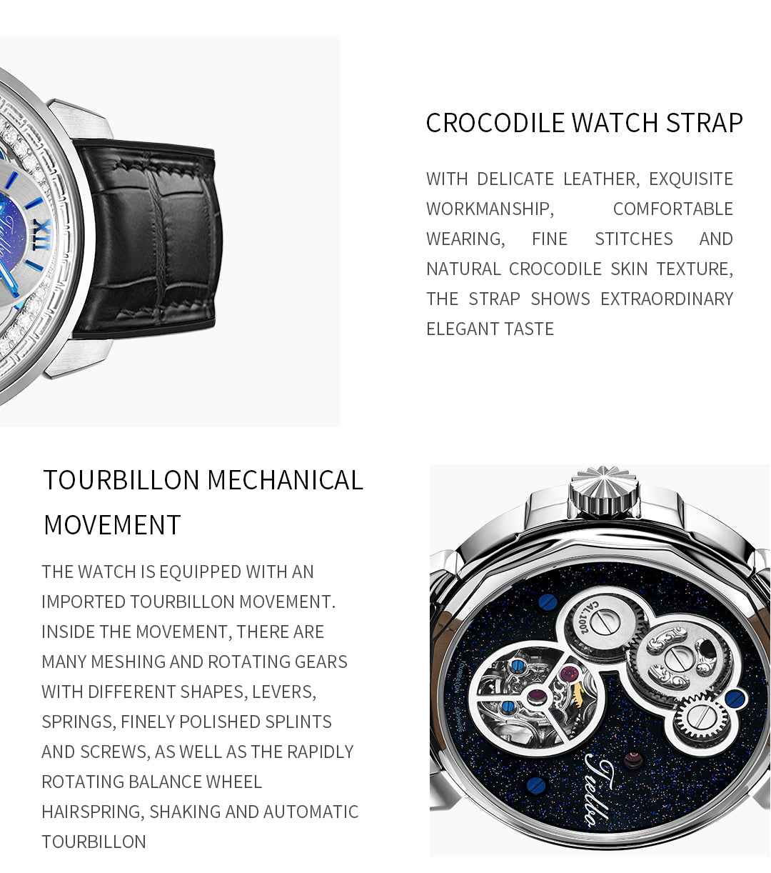 TIELBO Brilliant Crystal Luxury Tourbillon Movement Watches for Men Mechanical Man Watch Waterproof Sapphire Diamond Wristwatch