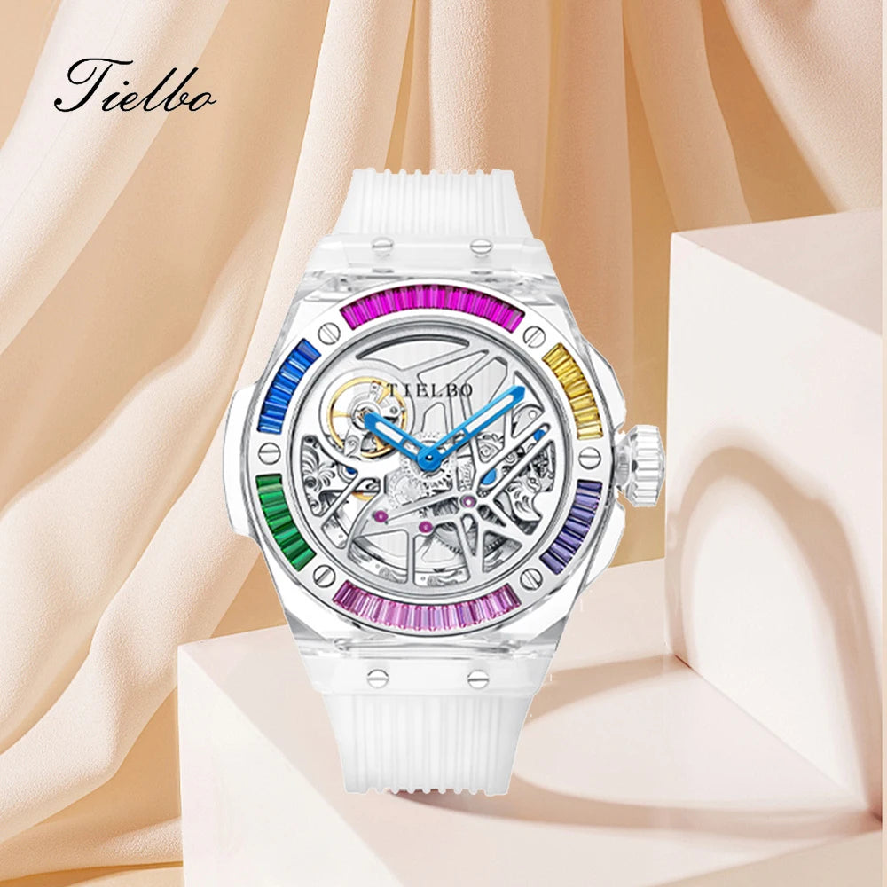 TIELBO Automatic Mechanical Crystals Watches for Men Women Luxury Skeleton Wristwatch Waterproof Man Brilliant Transparent Clock 