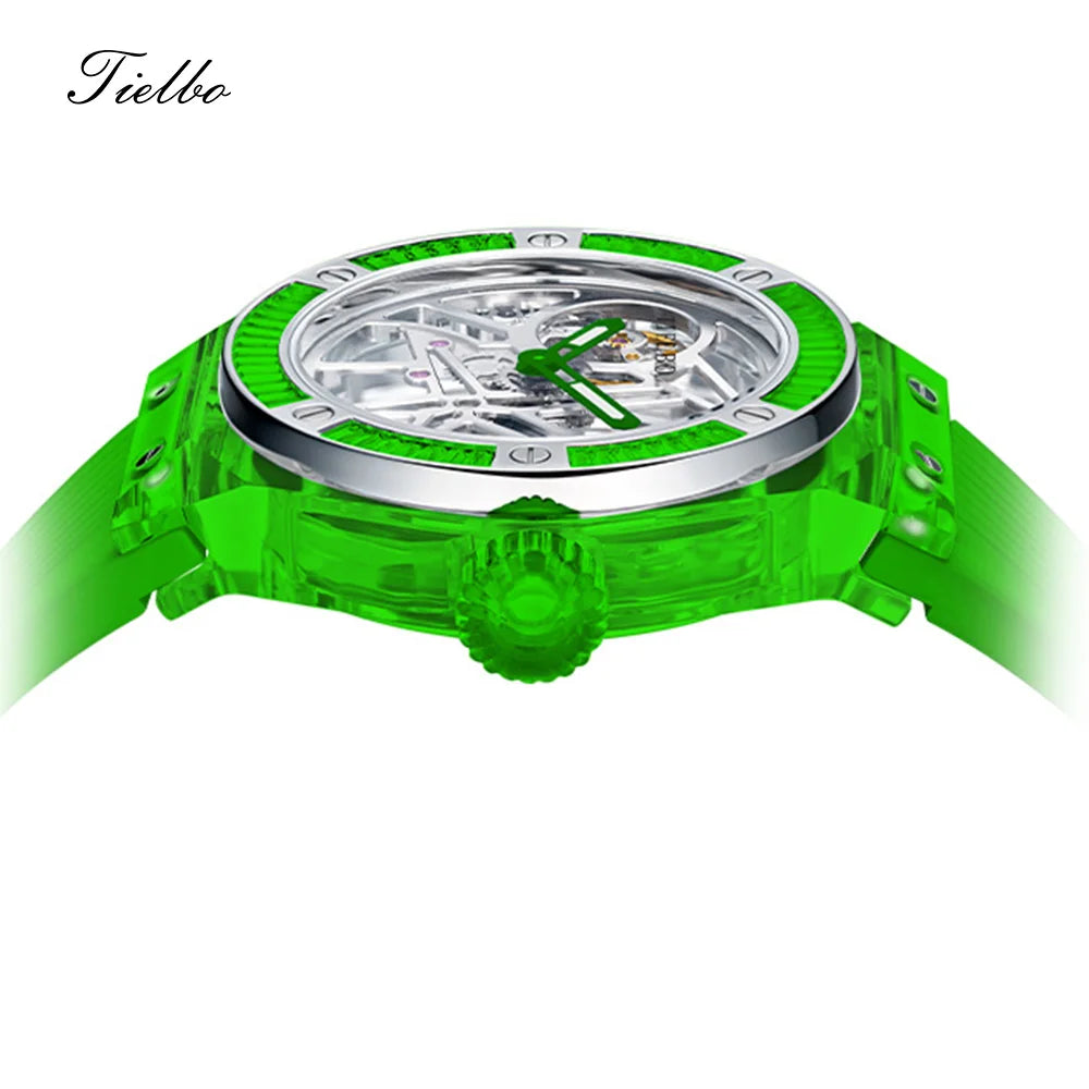 TIELBO Automatic Mechanical Crystals Watches for Men Women Luxury Skeleton Wristwatch Waterproof Man Brilliant Transparent Clock 