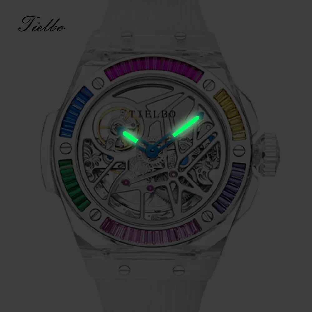 TIELBO Automatic Mechanical Crystals Watches for Men Women Luxury Skeleton Wristwatch Waterproof Man Brilliant Transparent Clock 