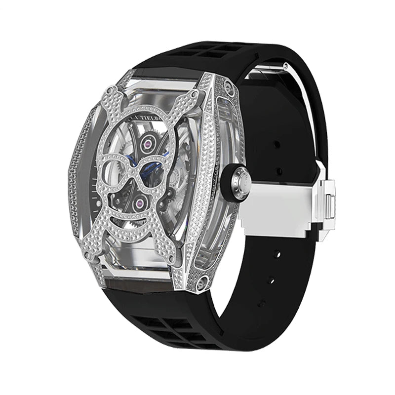 TIELBO Automatic Mechanical Movement Watch For Men Luxury Mechanical Tonneau Watches Mens Waterproof Skeleton Wriswatch Diamond 