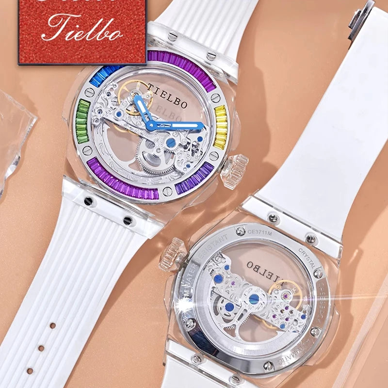 TIELBO Automatic Mechanical Movement Watch For Men Skeleton Diamond Wrist Watches Mens Transparent Crystal Case Sapphire Mirror 