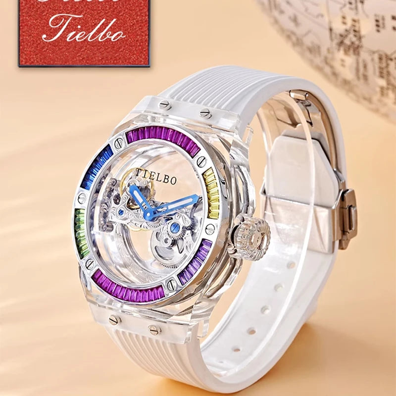 TIELBO Automatic Mechanical Movement Watch For Men Skeleton Diamond Wrist Watches Mens Transparent Crystal Case Sapphire Mirror 