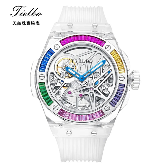 TIELBO Automatic Movement Watches for Men Luxury Tonneau Mechanical Watch Waterproof Sapphire Mirror Transparent Crystal Glass A