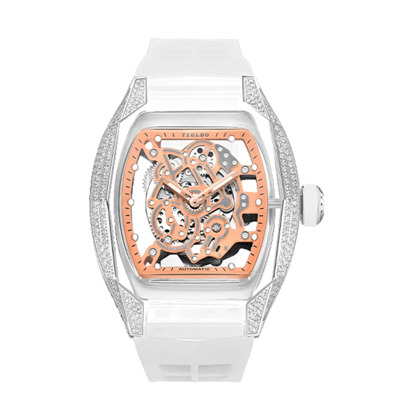 TIELBO Movimento meccanico automatico Orologio da uomo Skeleton Tonneau Orologi Orologio da polso da uomo con cristalli impermeabili in zaffiro e diamanti 