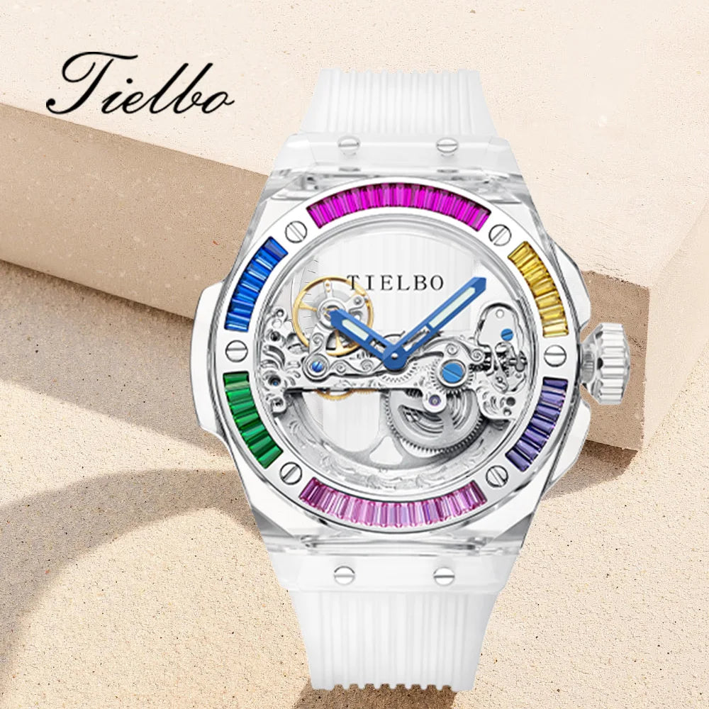 TIELBO Brand Mechanical Watches for Men Women Luxury Skeleton Sapphire Wrist Watch Waterproof Man Brilliant Crystals Transparent