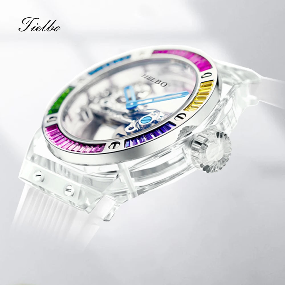 TIELBO Brand Mechanical Watches for Men Women Luxury Skeleton Sapphire Wrist Watch Waterproof Man Brilliant Crystals Transparent