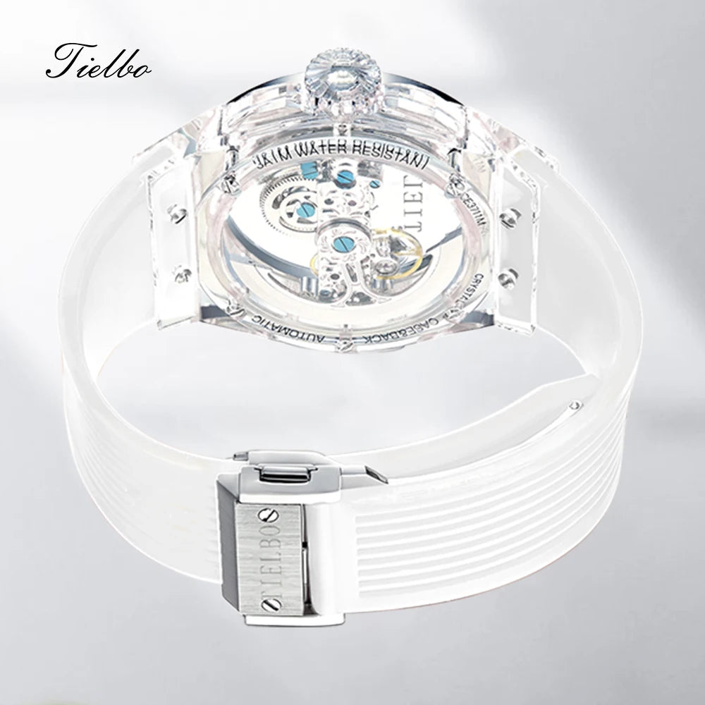 TIELBO Brand Mechanical Watches for Men Women Luxury Skeleton Sapphire Wrist Watch Waterproof Man Brilliant Crystals Transparent