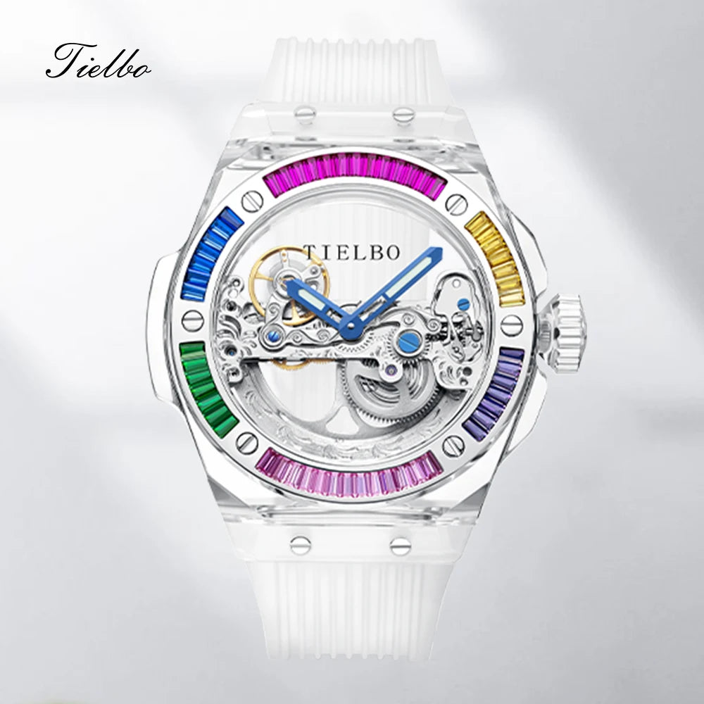 TIELBO Brand Mechanical Watches for Men Women Luxury Skeleton Sapphire Wrist Watch Waterproof Man Brilliant Crystals Transparent