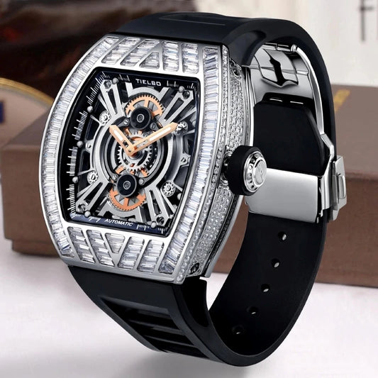 TIELBO Luxury Mechanical Tonneau Man Watch Automatic Mechanical Movement Watches for Men Skeleton Crystal Luminous Wristwatch A