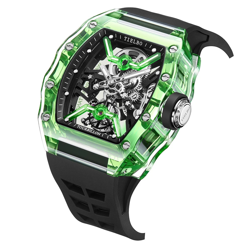 Orologio da uomo meccanico Tonneau TIELBO con movimento tourbillon, orologio da polso luminoso con cassa in cristallo scheletro trasparente 