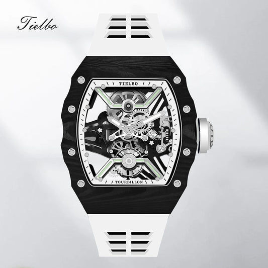 TIELBO Men Crystal Watches Hand-wind Genuine Flying Tourbillon Movement Luxury Mechanical Brilliant Diamonds Watch Skeleton