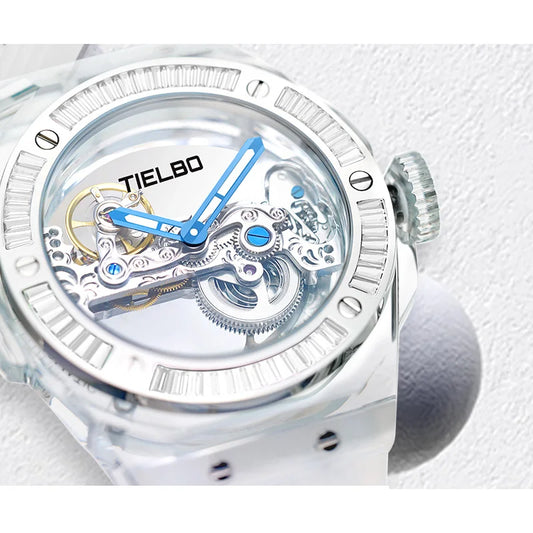 TIELBO Mens Watches Automatic Mechanical Movement Watch For Men Crystal Skeleton Transparent Wrist Watches Sapphire Mirror New