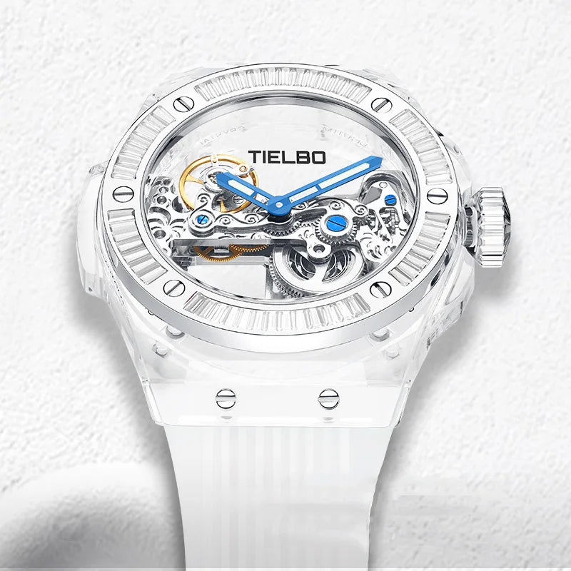 TIELBO Mens Watches Automatic Mechanical Movement Watch For Men Crystal Skeleton Transparent Wrist Watches Sapphire Mirror New