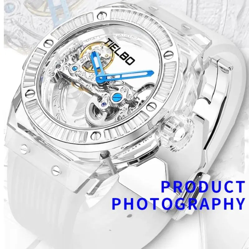 TIELBO Mens Watches Automatic Mechanical Movement Watch For Men Crystal Skeleton Transparent Wrist Watches Sapphire Mirror New