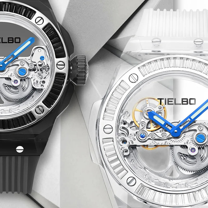 TIELBO Mens Watches Automatic Mechanical Movement Watch For Men Crystal Skeleton Transparent Wrist Watches Sapphire Mirror New