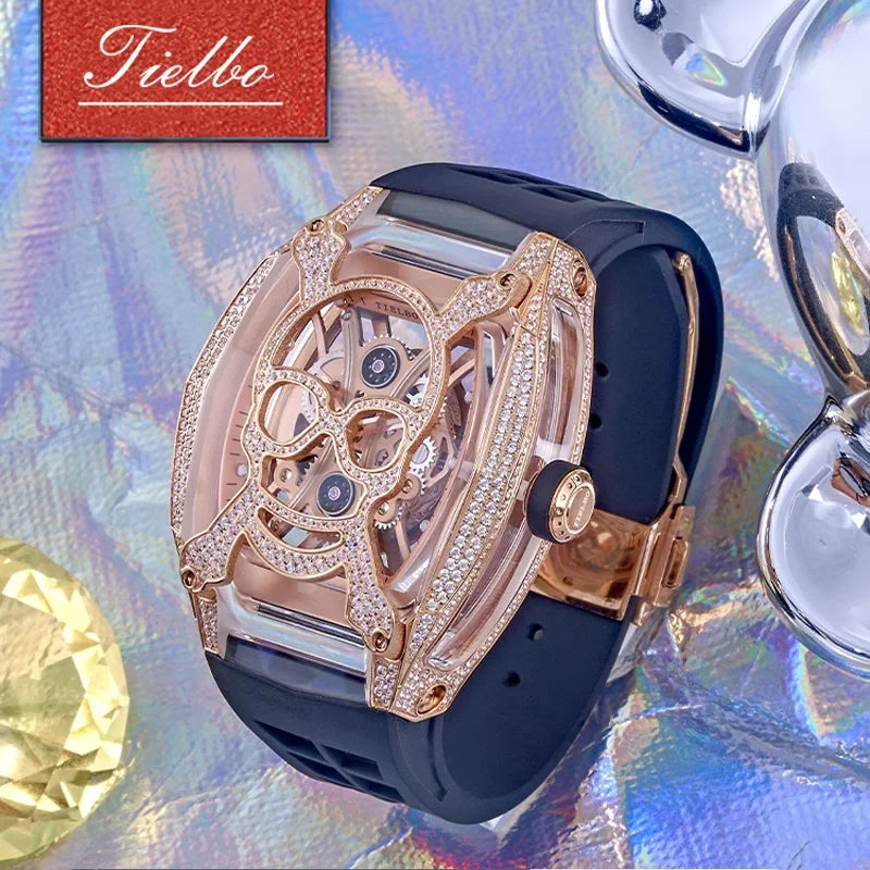 TIELBO Orologio meccanico con movimento automatico originale per uomo, cristalli cresciuti in laboratorio, orologi scheletrati, tonneau impermeabile con zaffiro 