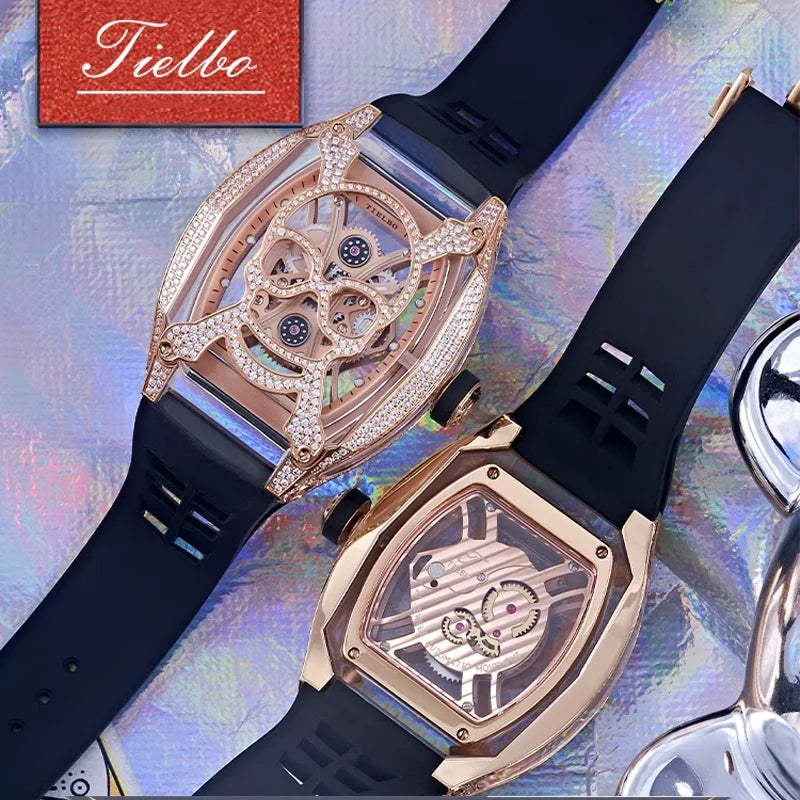 TIELBO Orologio meccanico con movimento automatico originale per uomo, cristalli cresciuti in laboratorio, orologi scheletrati, tonneau impermeabile con zaffiro 