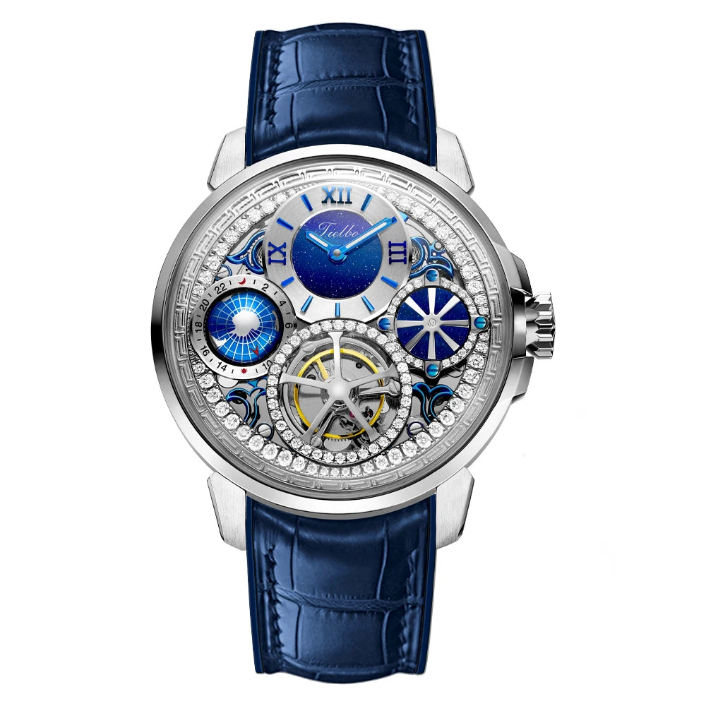 TIELBO Real Tourbillon Orologi da uomo Orologio da polso multifunzione casual di lusso impreziosito da cristalli brillanti 