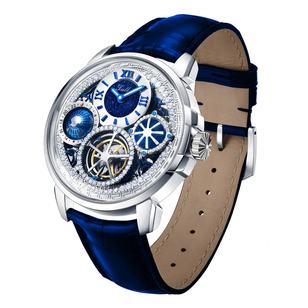 TIELBO Real Tourbillon Orologi da uomo Orologio da polso multifunzione casual di lusso impreziosito da cristalli brillanti 