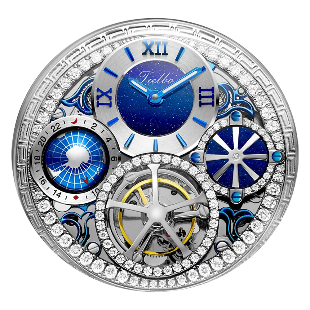 TIELBO Real Tourbillon Orologi da uomo Orologio da polso multifunzione casual di lusso impreziosito da cristalli brillanti 