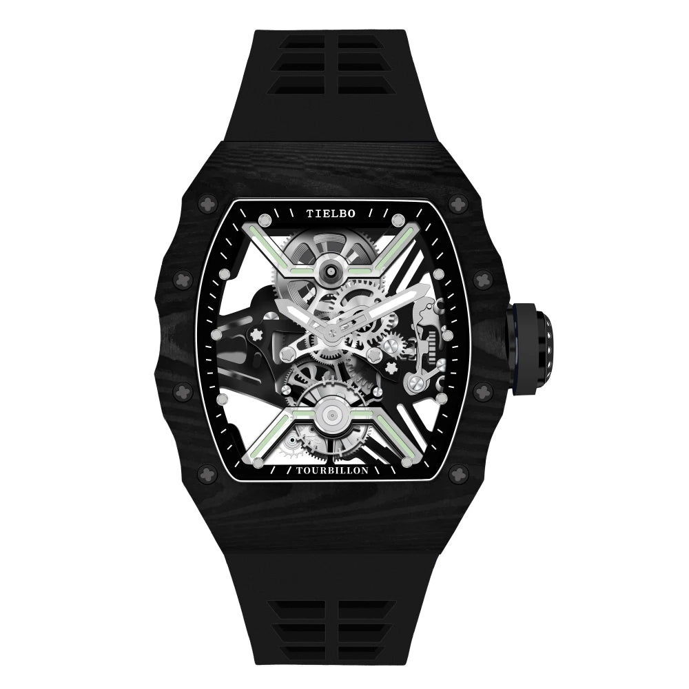 TIELBO Tonneau Uomo Orologio Tourbillon Movimento Meccanico Orologi da Uomo Scheletro di cristallo Luminoso Orologio da polso in fibra di carbonio 601 