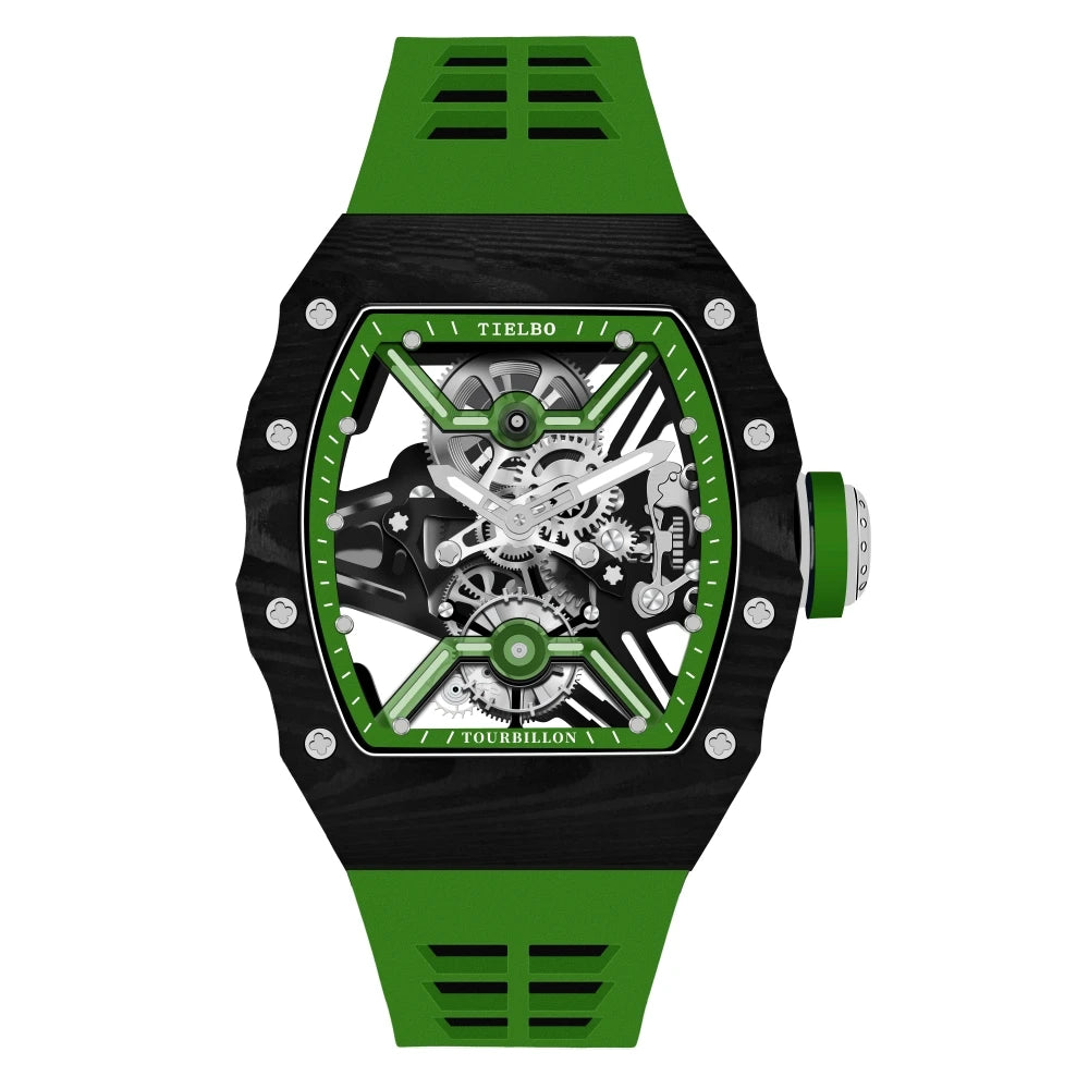 TIELBO Tonneau Uomo Orologio Tourbillon Movimento Meccanico Orologi da Uomo Scheletro di cristallo Luminoso Orologio da polso in fibra di carbonio 601 